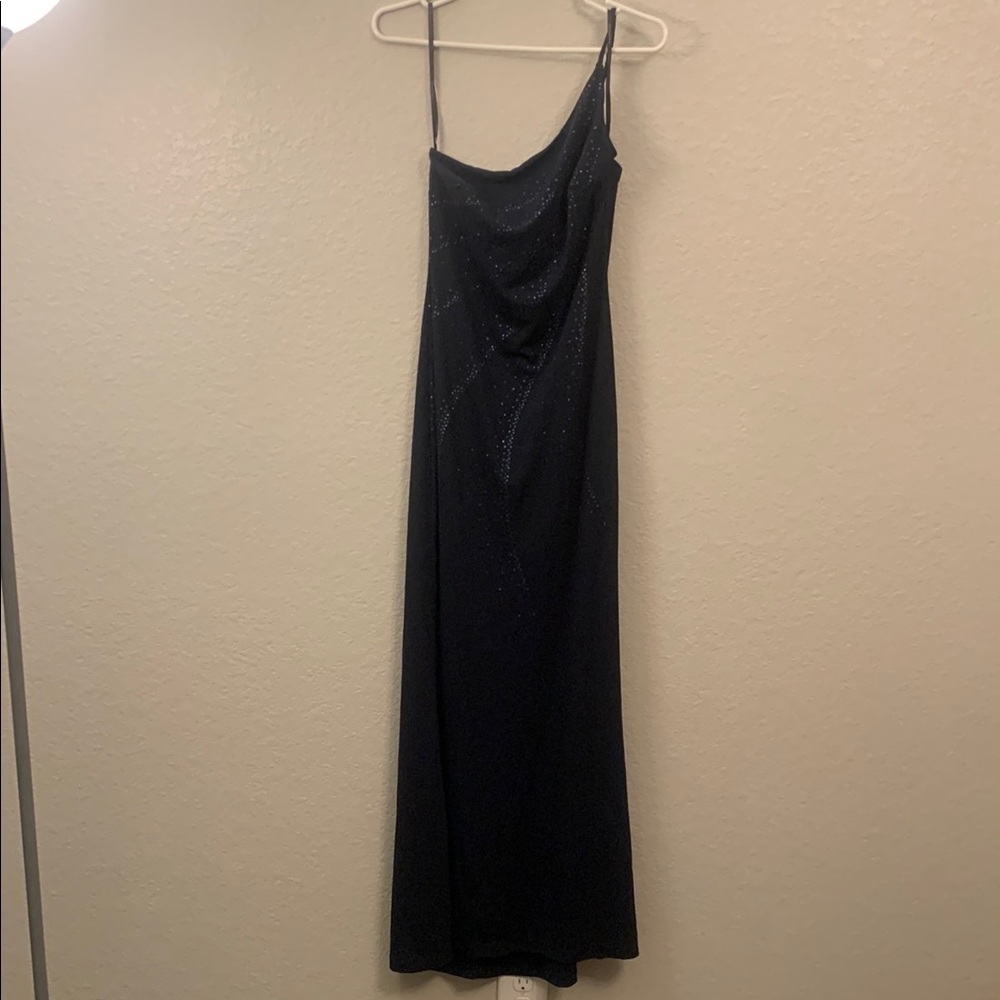 Rampage Navy Slip Gown with Asymmetrical Neckline for Cocktail Night Out